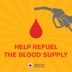A fuel dispenser graphic but a large red drop is coming out of the nozzle, symbolizing blood donations. Text says "Help refuel the blood supply."
