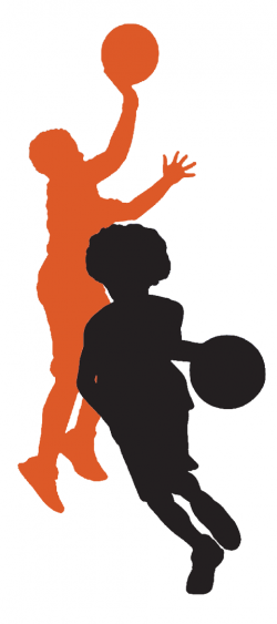 Silhouettes of two kids playing basketball