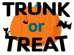 Trunk or Treat logo with a pumpkin, black cat, spider, and bat
