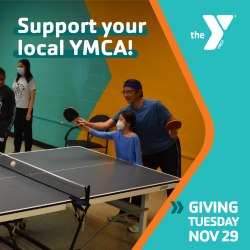 A man teaching a child how to play table tennis, with text reading ''Support your local YMCA! Giving Tuesday November 29.